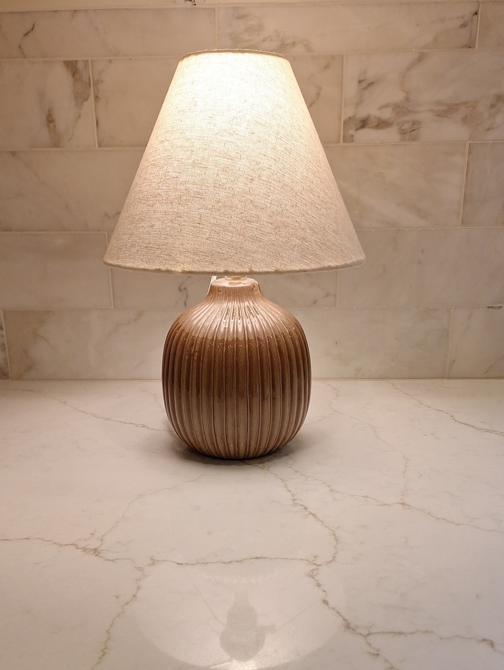 Hearth & Hand Beige Ribbed Ceramic Table Lamp with Linen Shade